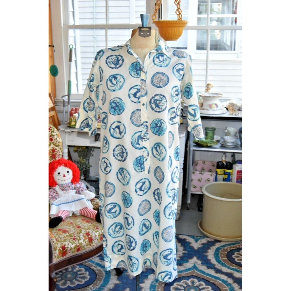 Vintage 1960s Lady Bayard House Dress Midi Blue White Stag Size Large